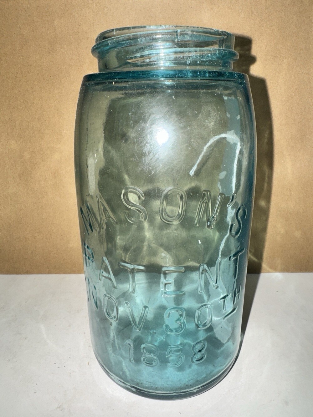 Antique Mason’s Patent Nov 30th 1858 Aqua Quart Fruit Jar Ground Lip M1
